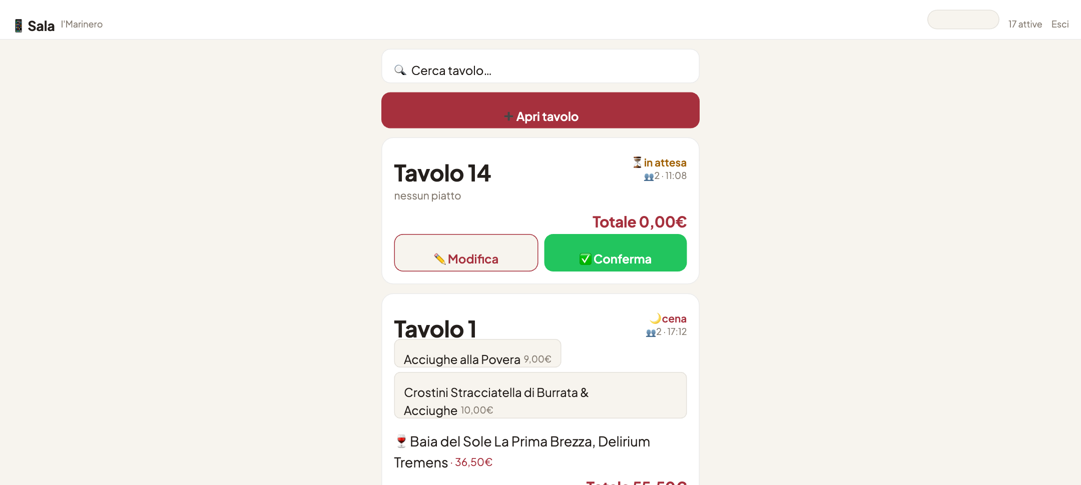 Modalità Sala: comande dal telefono del cameriere
